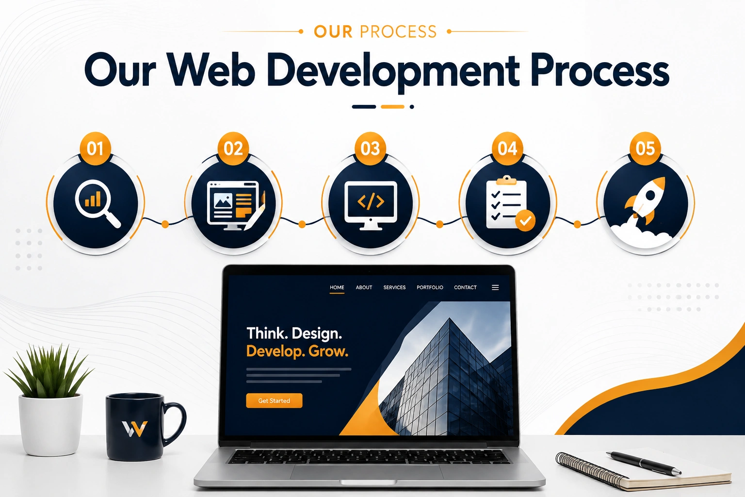 Illustration showing the web development process from discovery and planning through design, development, testing, and launch