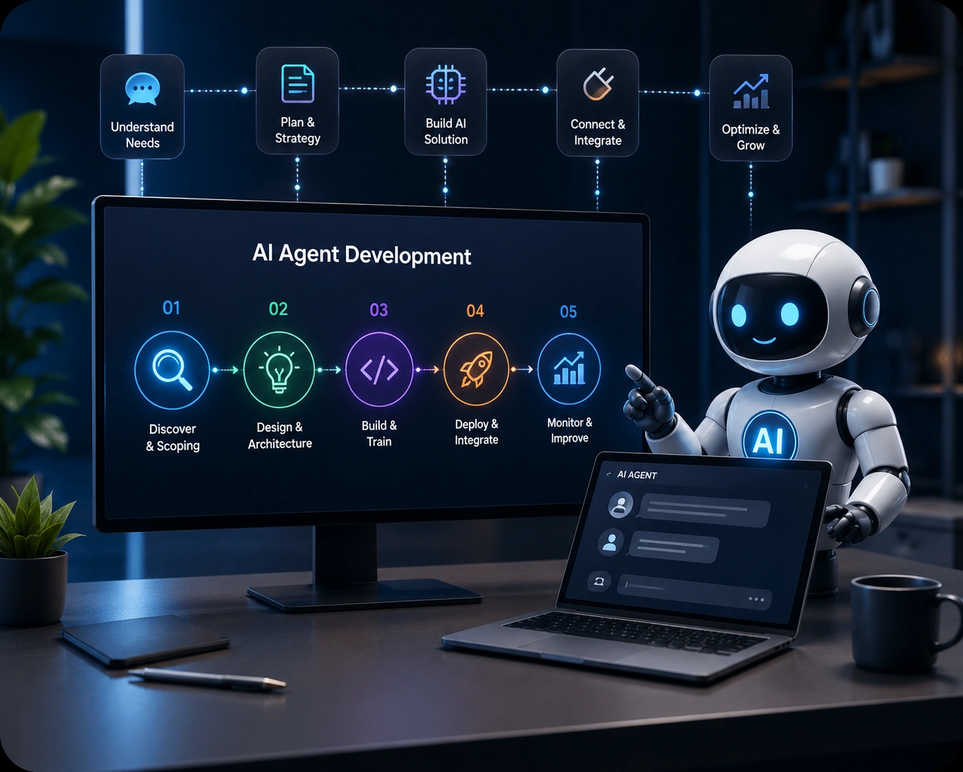 AI agent development process illustration showing discovery, design, development, integration, deployment, and optimization