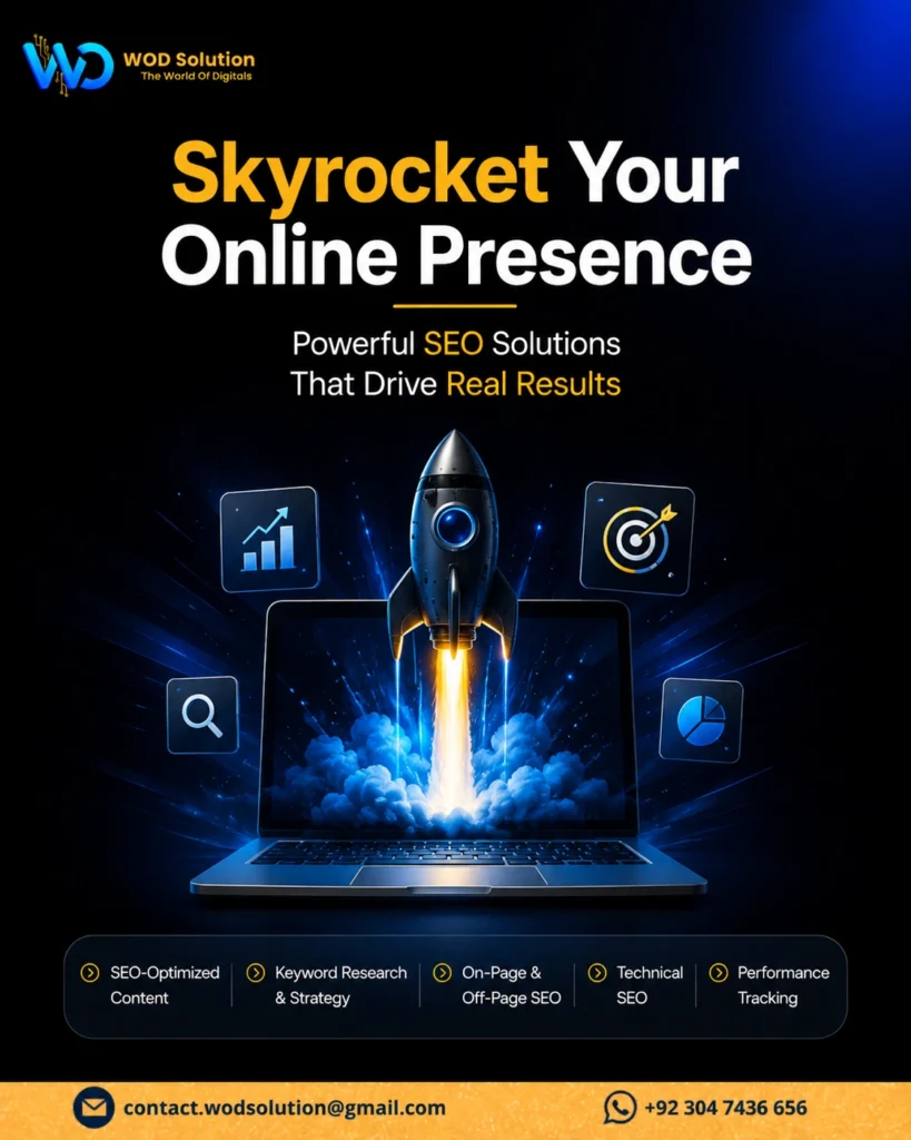 SEO services in Lahore - keyword research, on-page, off-page, technical SEO, and performance tracking by WOD Solution