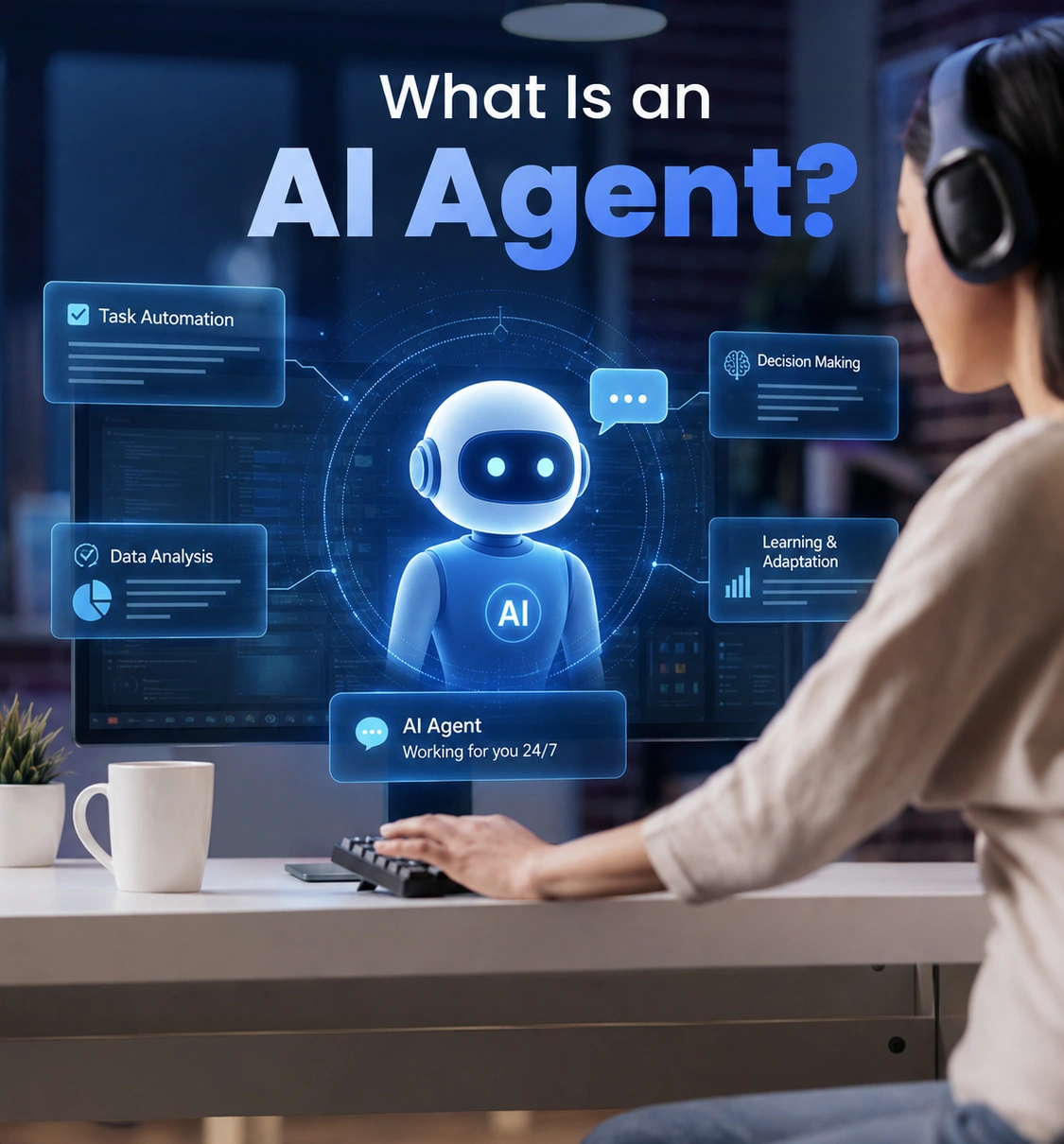 AI agent illustration showing task automation, data analysis, and decision making