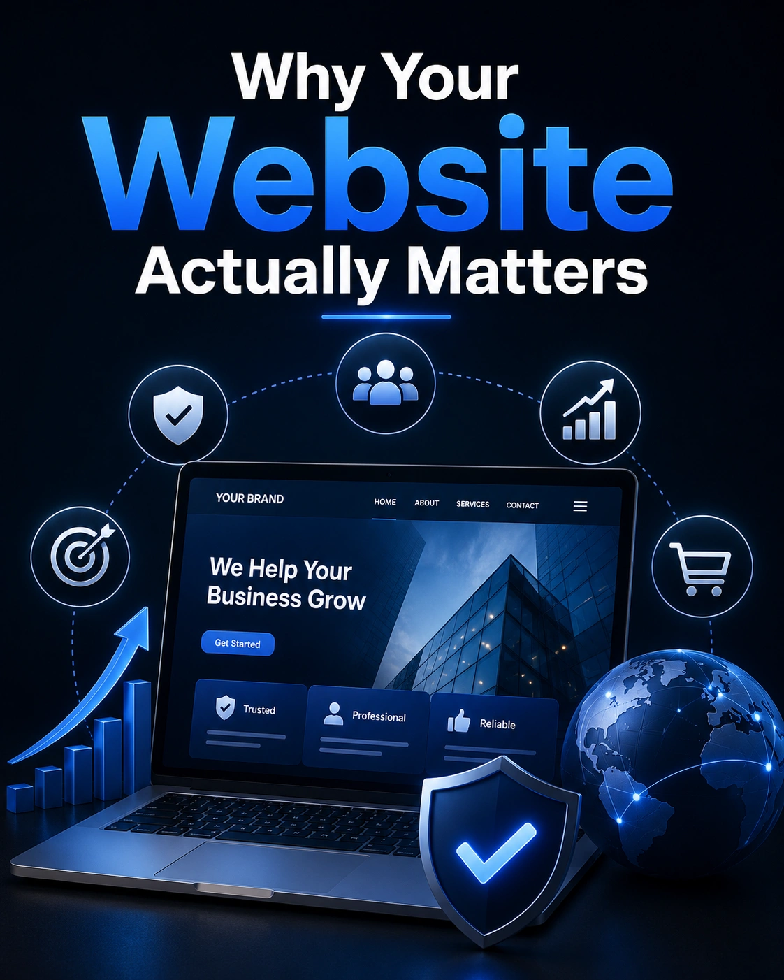 Illustration showing why a professional website matters for business growth, trust, visibility, and online presence