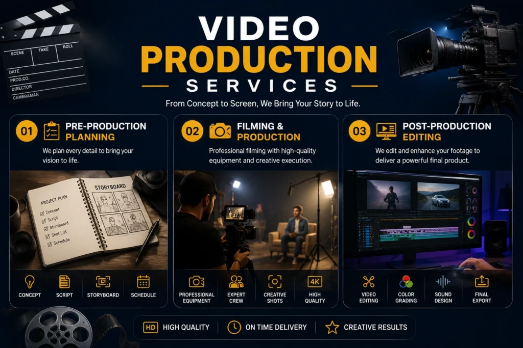 Video production services by WOD Solution including pre-production, filming and post-production editing